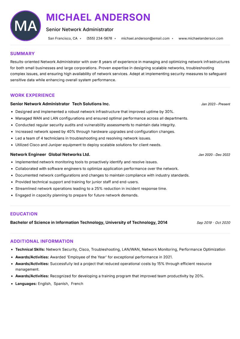 Network Administrator resume example