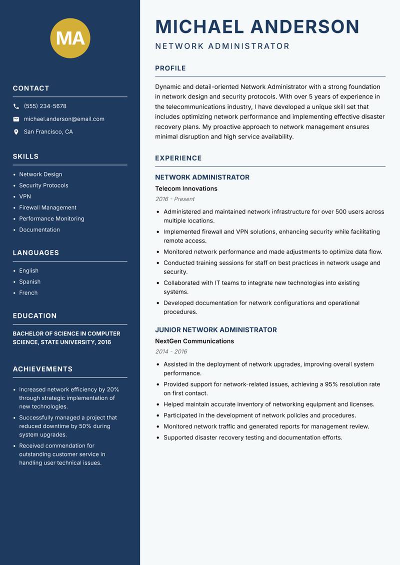 Network Administrator resume sample — Network Administrator focus