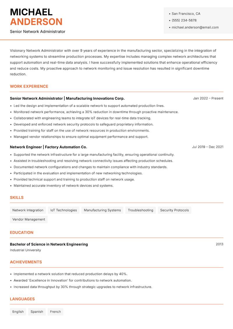 Network Administrator resume sample — Senior Network Administrator focus
