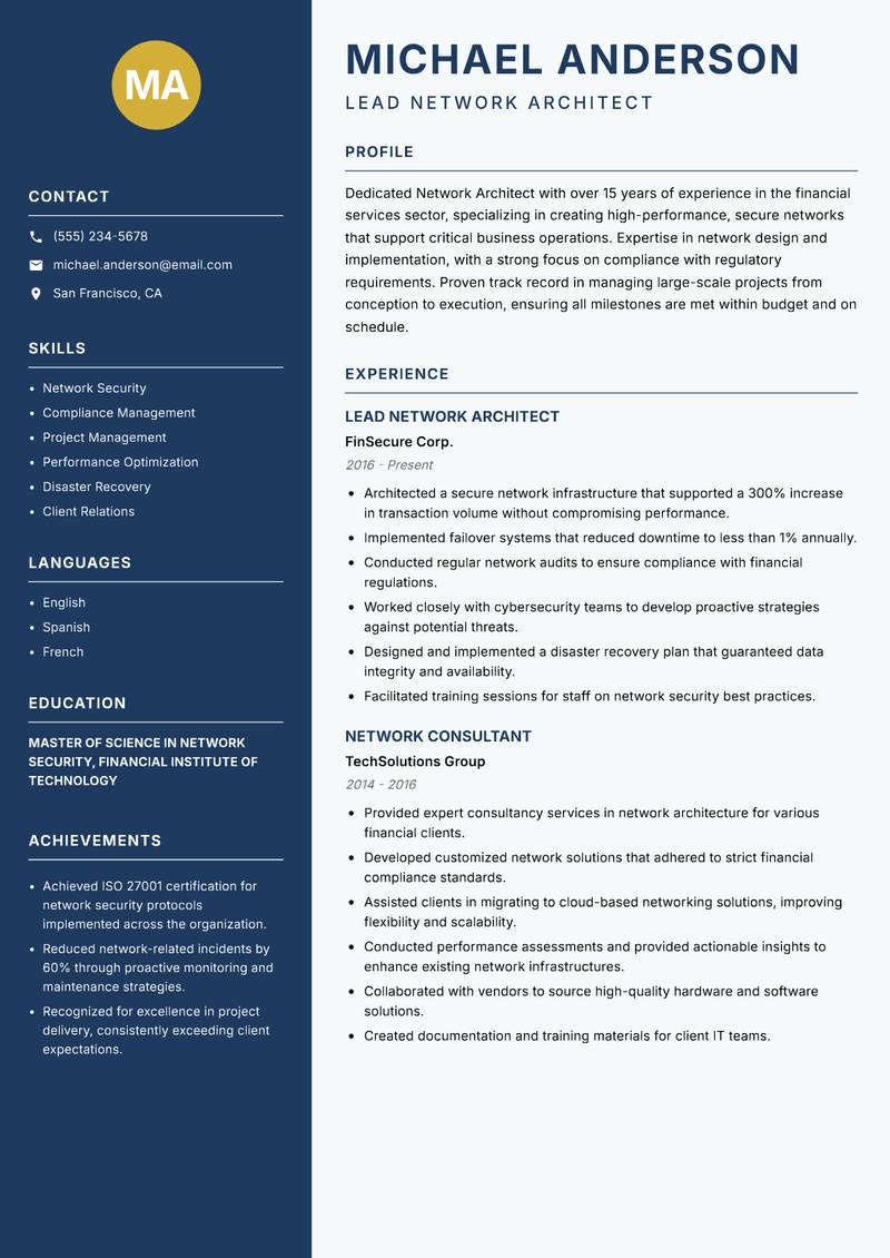Network Architect resume sample — Lead Network Architect focus
