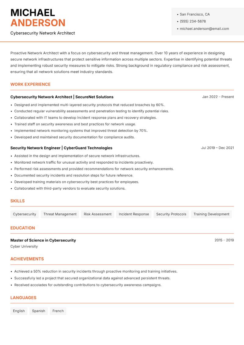 Network Architect resume sample — Cybersecurity Network Architect focus