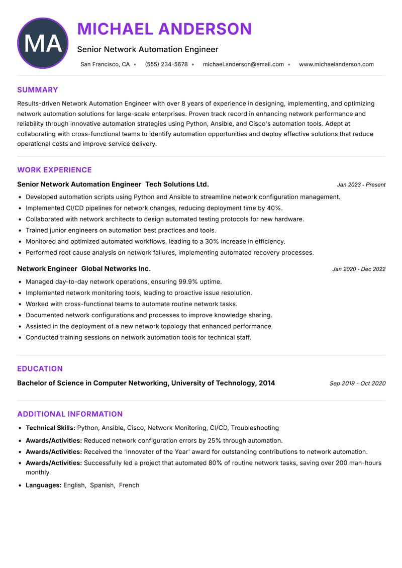 Network Automation Engineer resume example