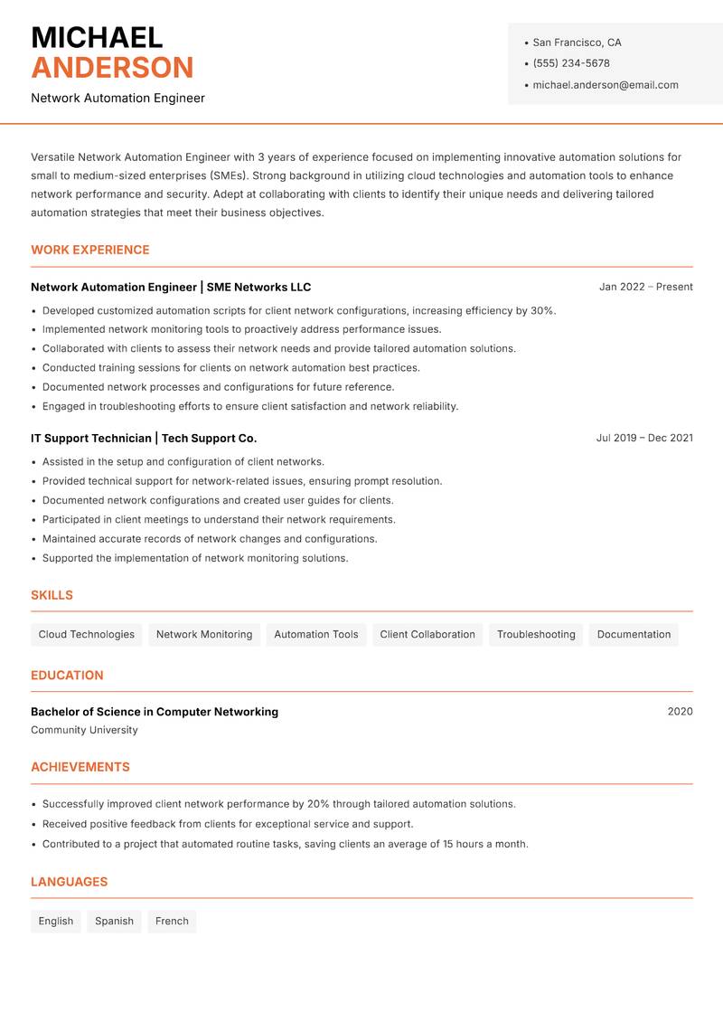 Network Automation Engineer resume sample — Network Automation Engineer focus