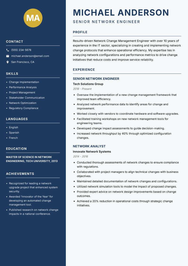 Network Change Management Engineer resume sample — Senior Network Engineer focus