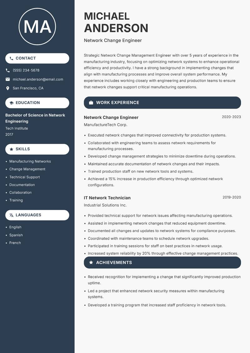Network Change Management Engineer resume sample — Network Change Engineer focus