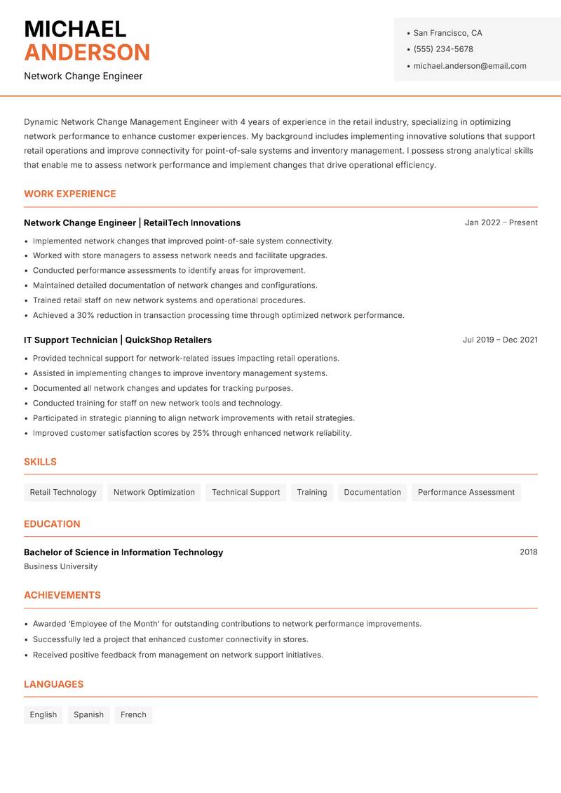 Network Change Management Engineer resume sample — Network Change Engineer focus