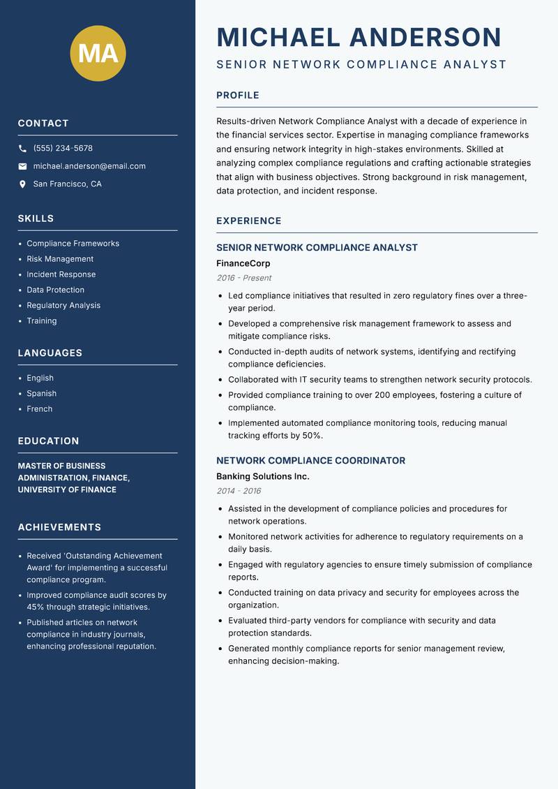 Network Compliance Analyst resume sample — Senior Network Compliance Analyst focus