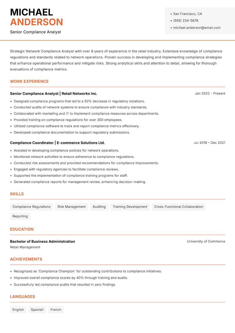 Network Compliance Analyst resume sample — Senior Compliance Analyst focus