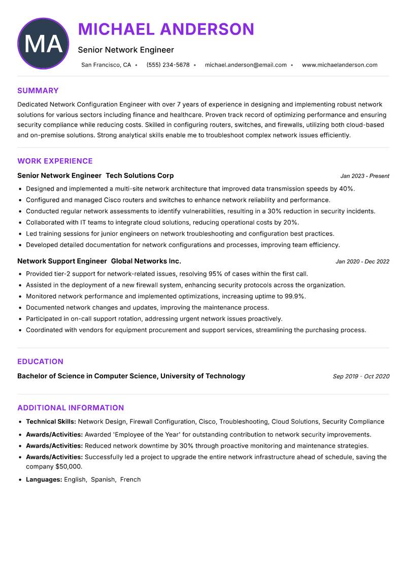 Network Configuration Engineer resume example