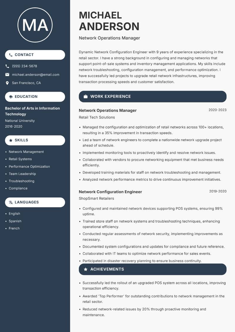 Network Configuration Engineer resume sample — Network Operations Manager focus