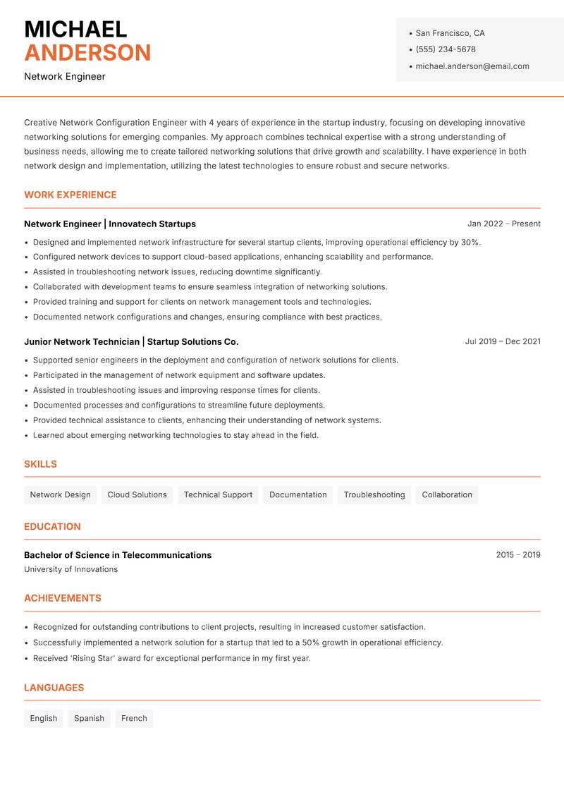 Network Configuration Engineer resume sample — Network Engineer focus