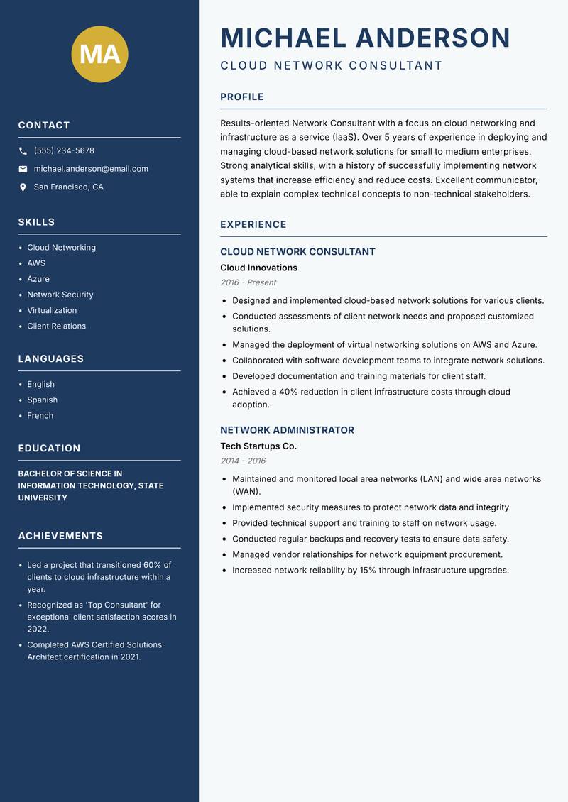 Network Consultant resume sample — Cloud Network Consultant focus