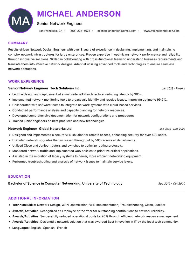 Network Design Engineer resume example