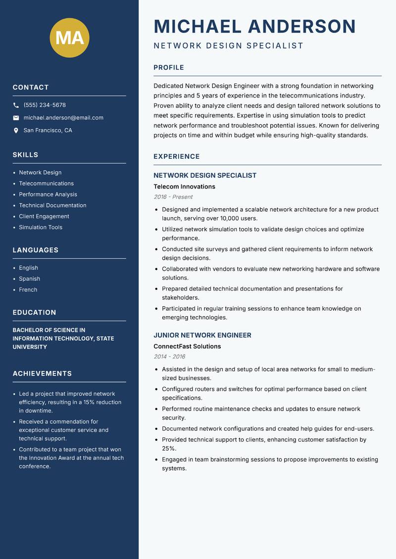 Network Design Engineer resume sample — Network Design Specialist focus