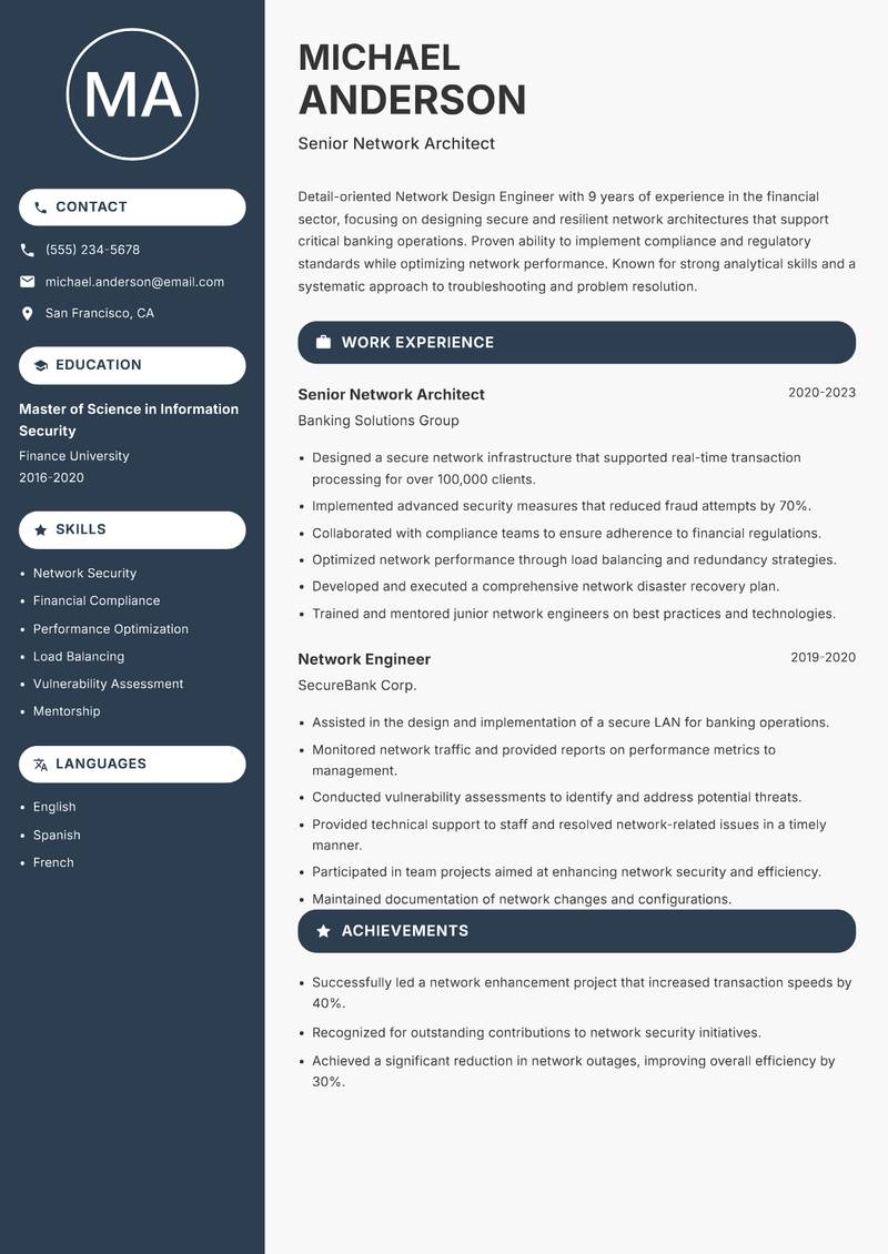 Network Design Engineer resume sample — Senior Network Architect focus