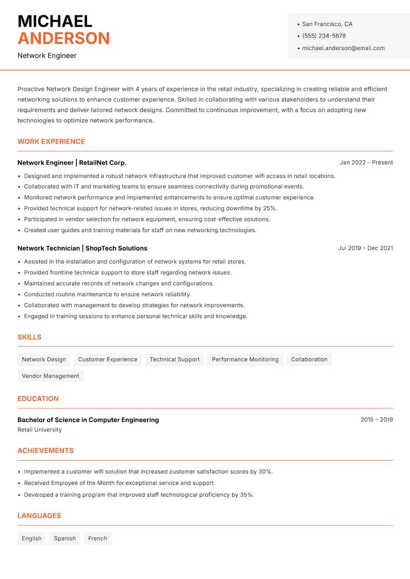 Network Design Engineer resume sample — Network Engineer focus