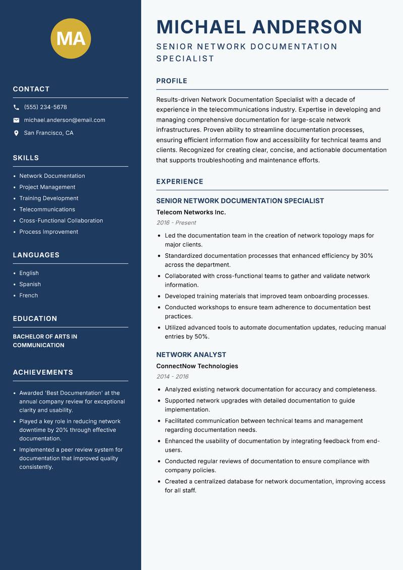 Network Documentation Specialist resume sample — Senior Network Documentation Specialist focus