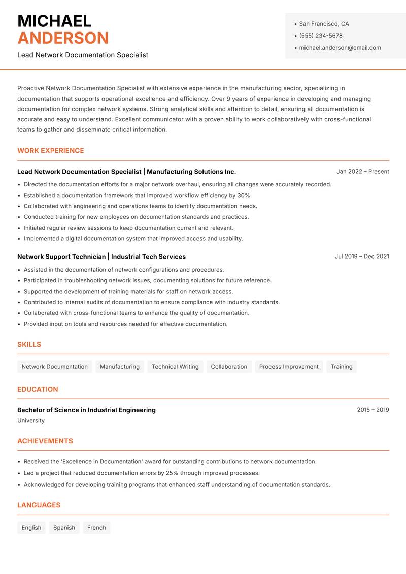 Network Documentation Specialist resume sample — Lead Network Documentation Specialist focus