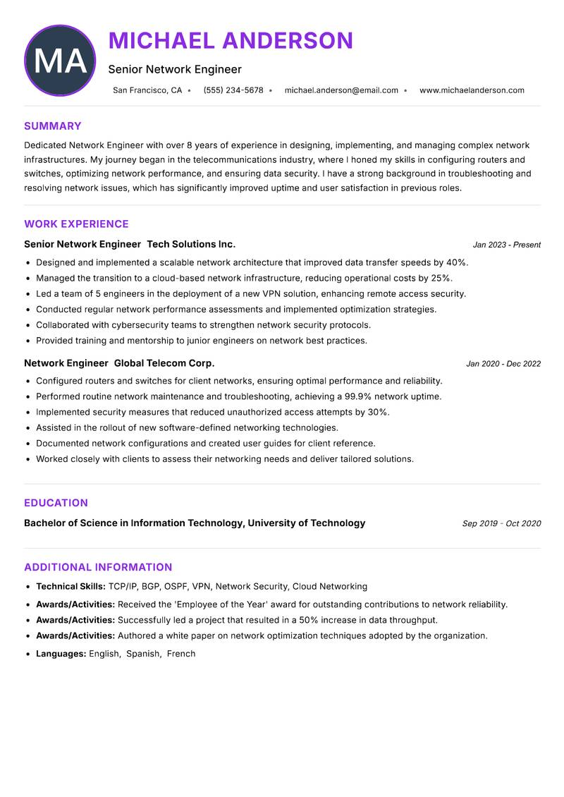 Network Engineer resume example