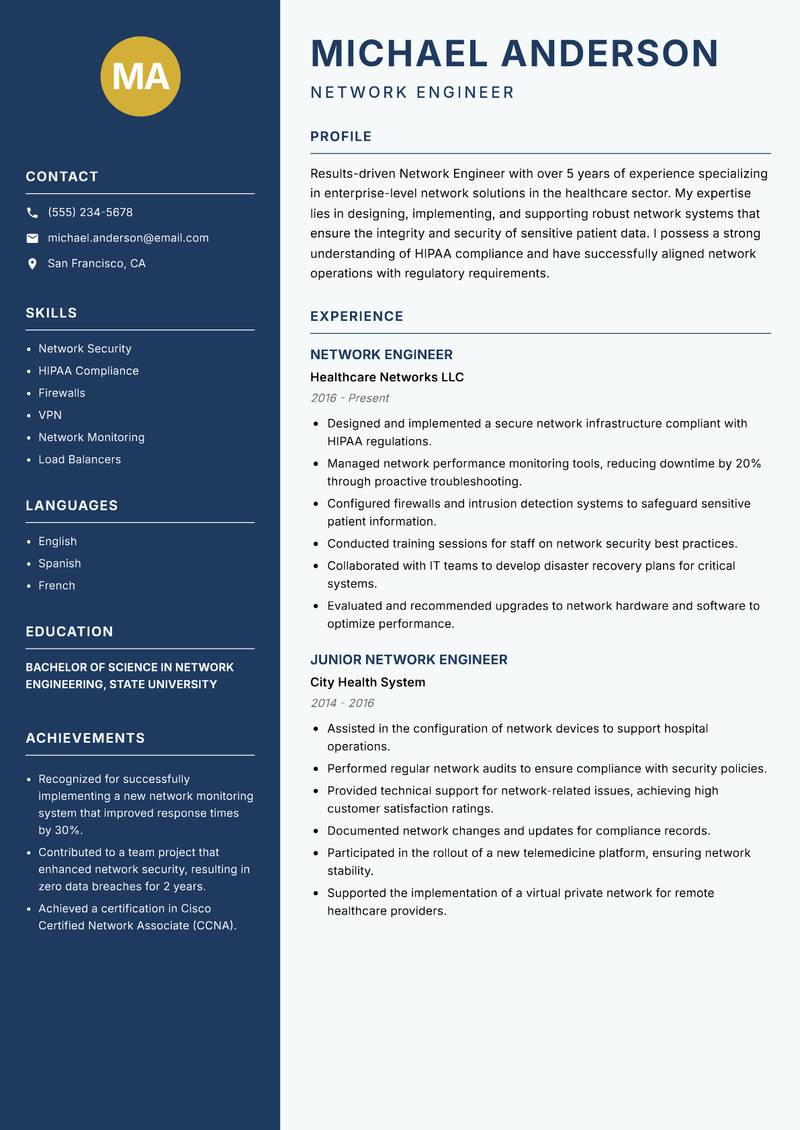 Network Engineer resume sample — Network Engineer focus