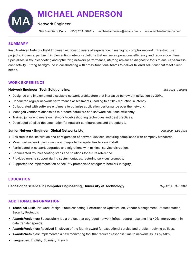 Network Field Engineer resume example