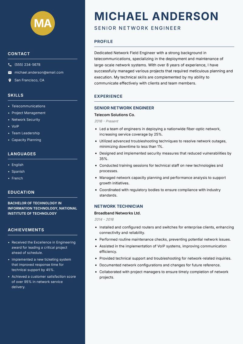 Network Field Engineer resume sample — Senior Network Engineer focus
