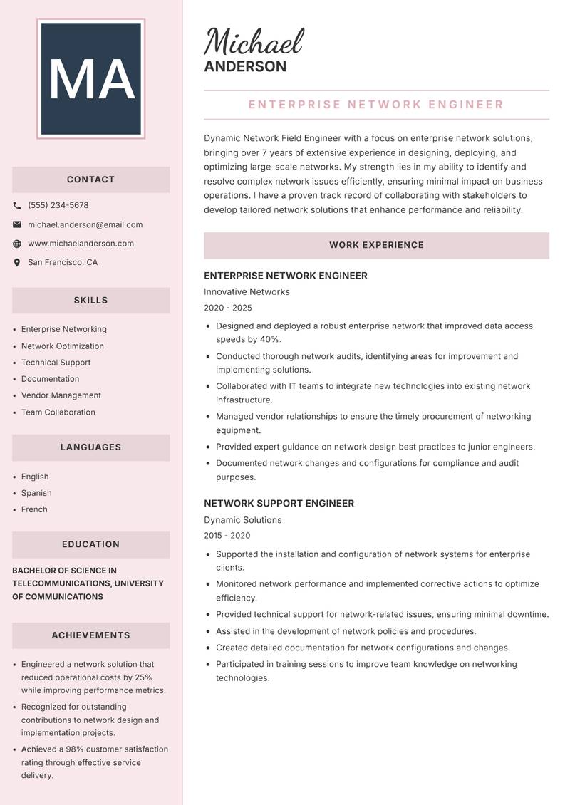 Network Field Engineer resume sample — Enterprise Network Engineer focus