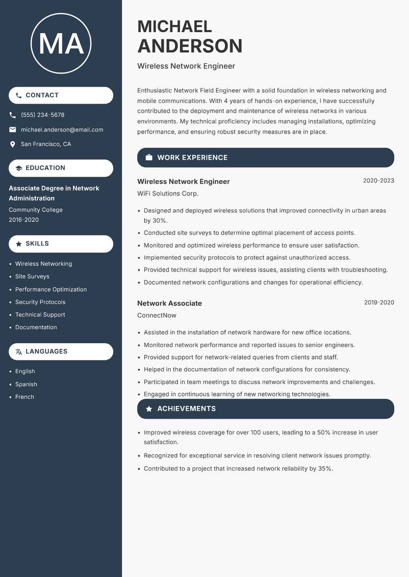 Network Field Engineer resume sample — Wireless Network Engineer focus