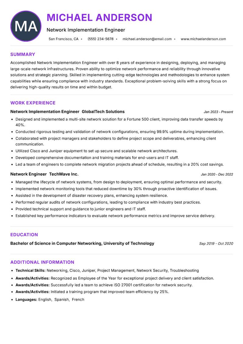 Network Implementation Engineer resume example