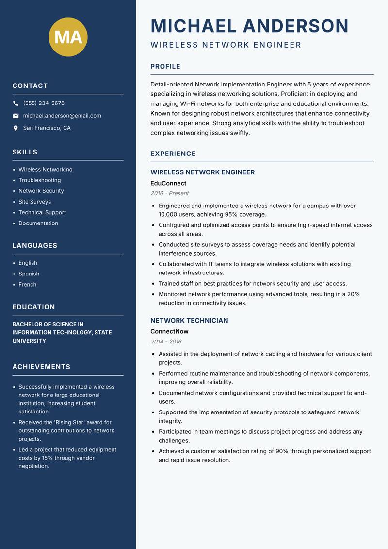 Network Implementation Engineer resume sample — Wireless Network Engineer focus