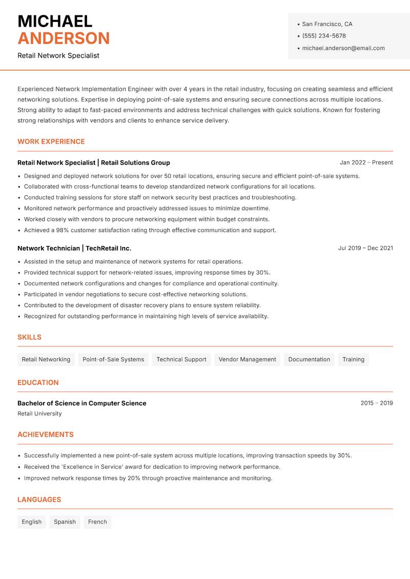 Network Implementation Engineer resume sample — Retail Network Specialist focus