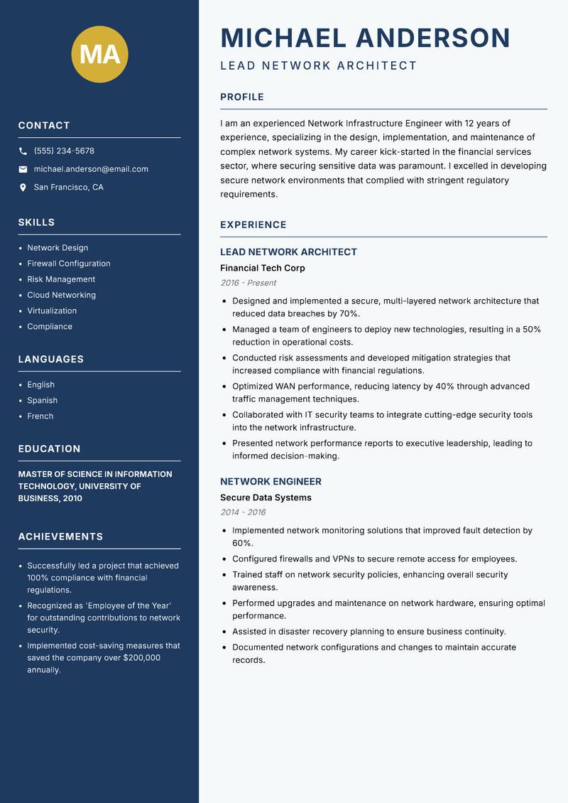Network Infrastructure Engineer resume sample — Lead Network Architect focus