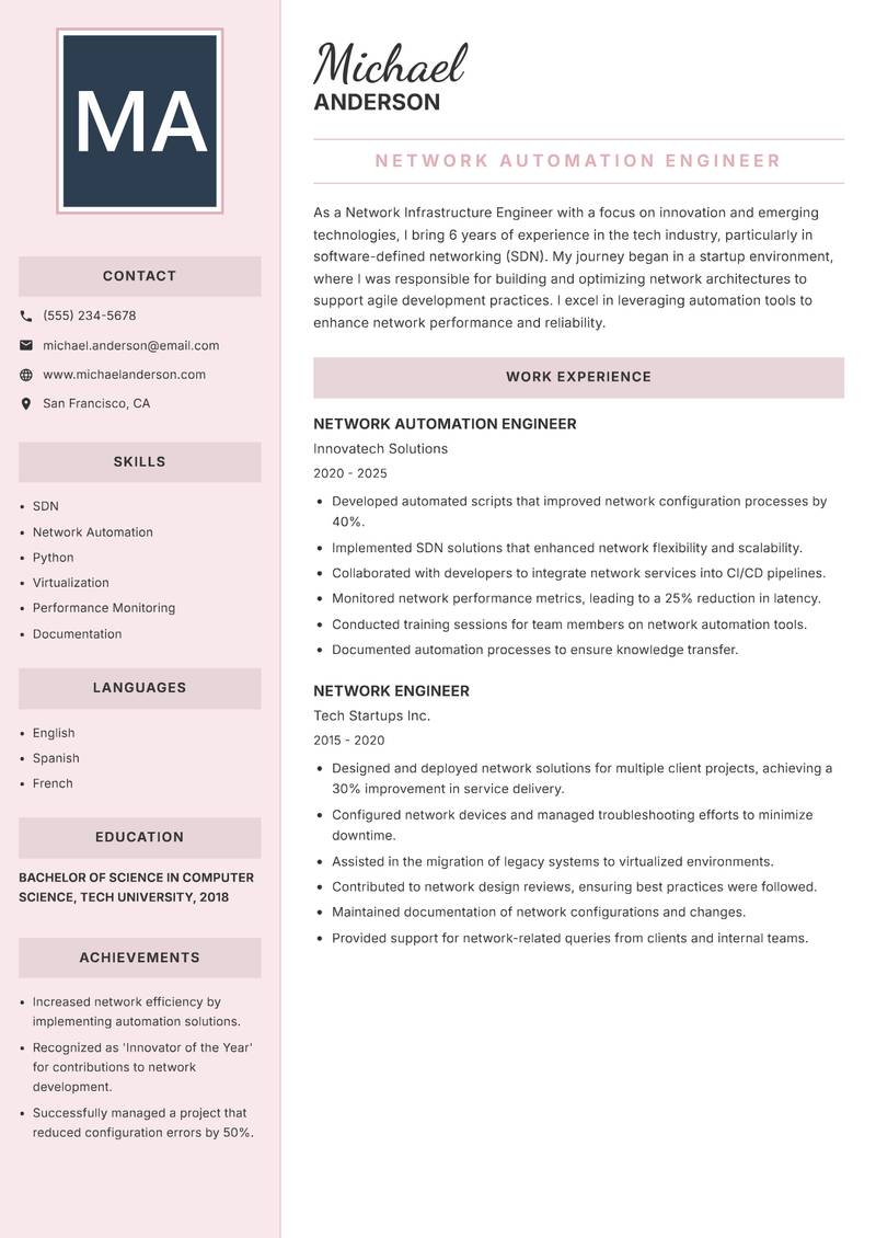 Network Infrastructure Engineer resume sample — Network Automation Engineer focus