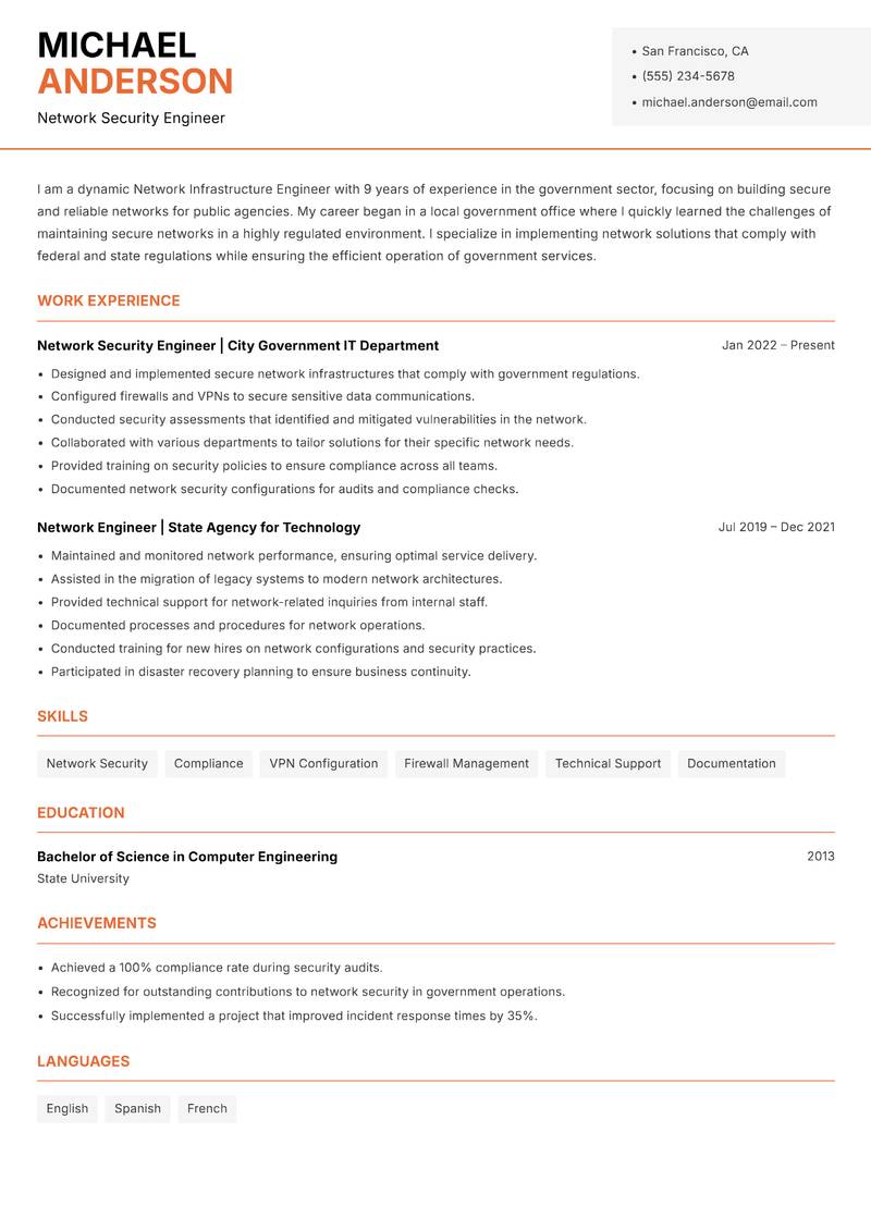 Network Infrastructure Engineer resume sample — Network Security Engineer focus