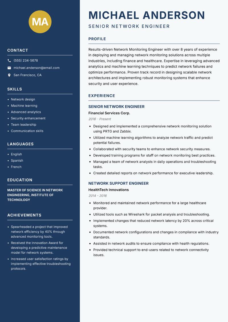 Network Monitoring Engineer resume sample — Senior Network Engineer focus