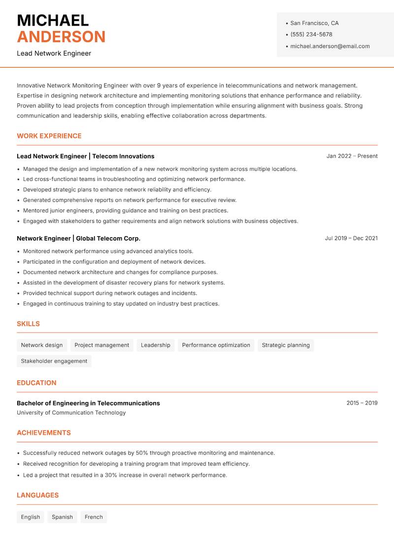 Network Monitoring Engineer resume sample — Lead Network Engineer focus