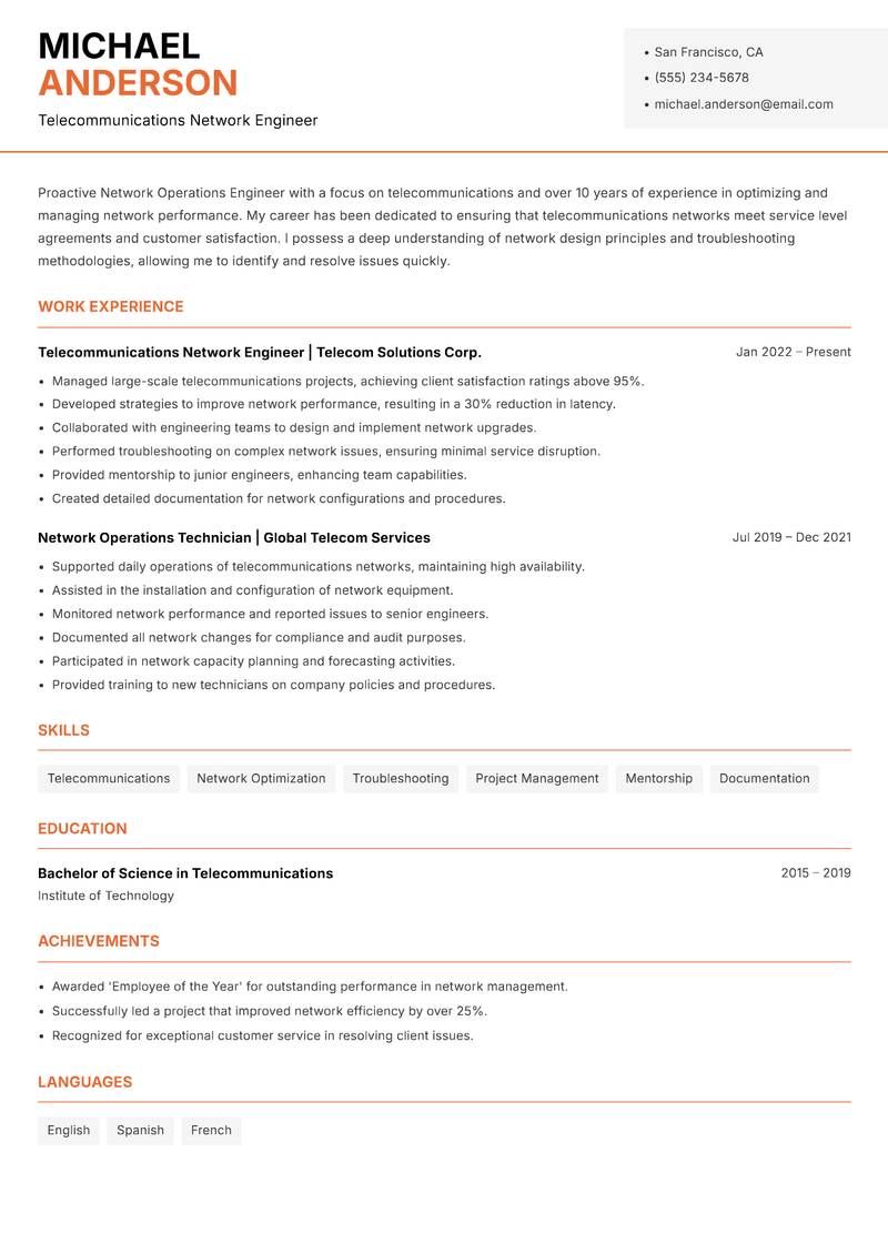 Network Operations Engineer resume sample — Telecommunications Network Engineer focus