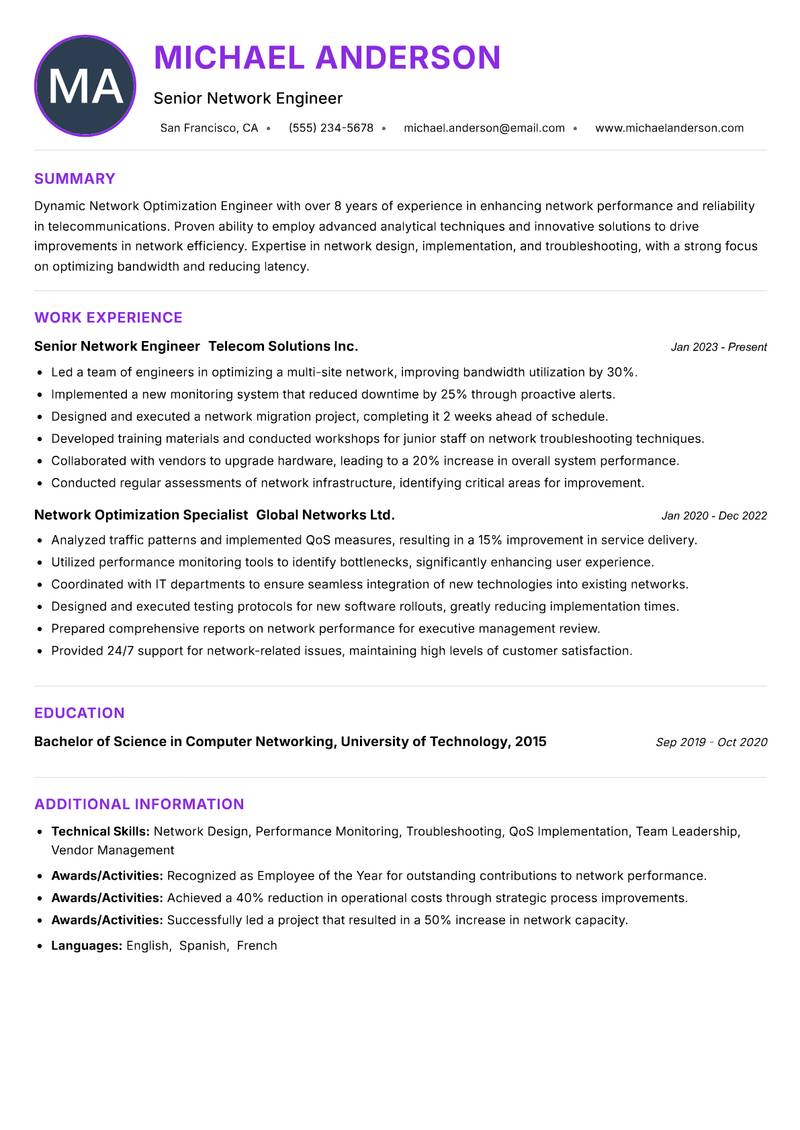 Network Optimization Engineer resume example