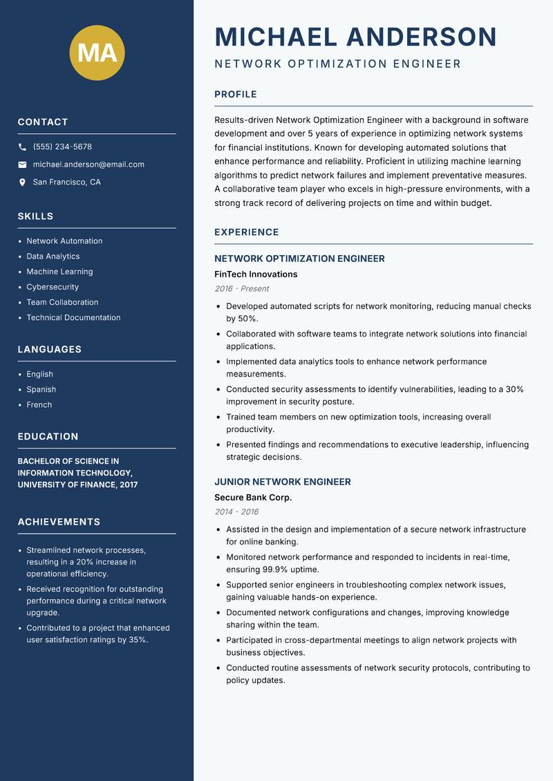 Network Optimization Engineer resume sample — Network Optimization Engineer focus