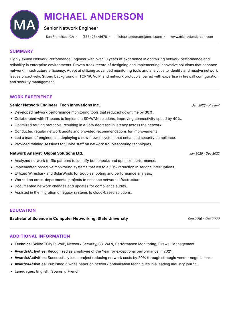 Network Performance Engineer resume example