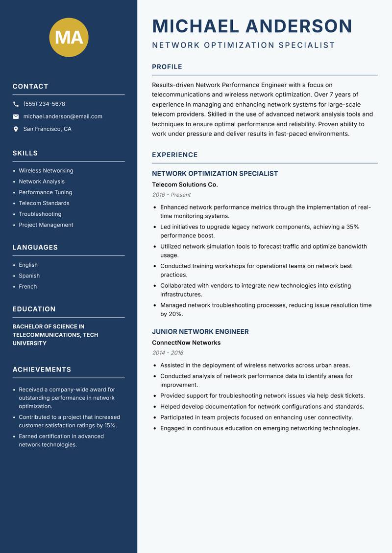 Network Performance Engineer resume sample — Network Optimization Specialist focus