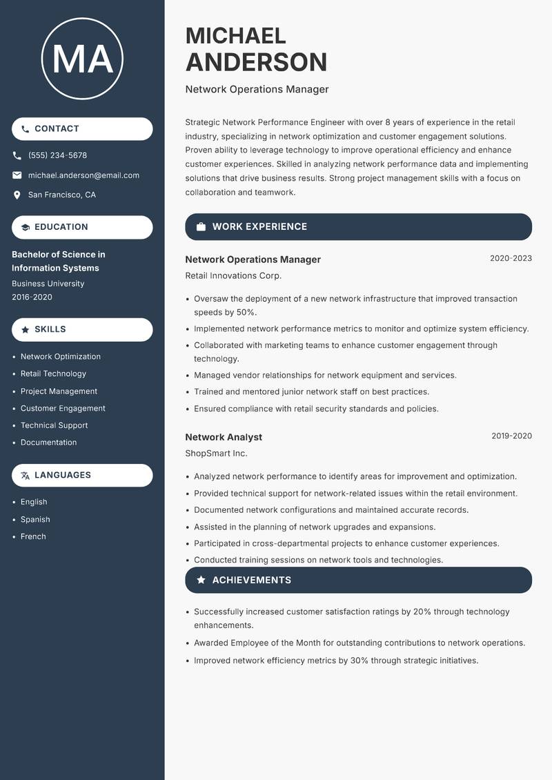 Network Performance Engineer resume sample — Network Operations Manager focus