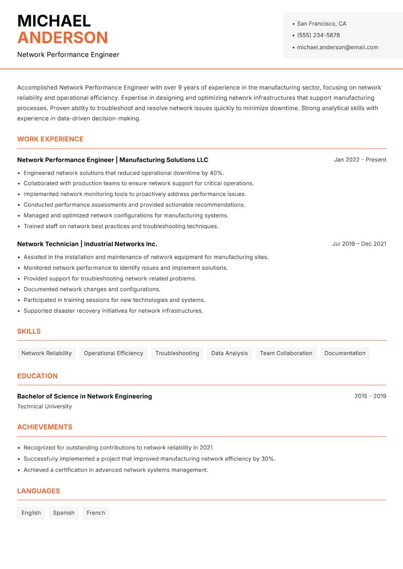 Network Performance Engineer resume sample — Network Performance Engineer focus