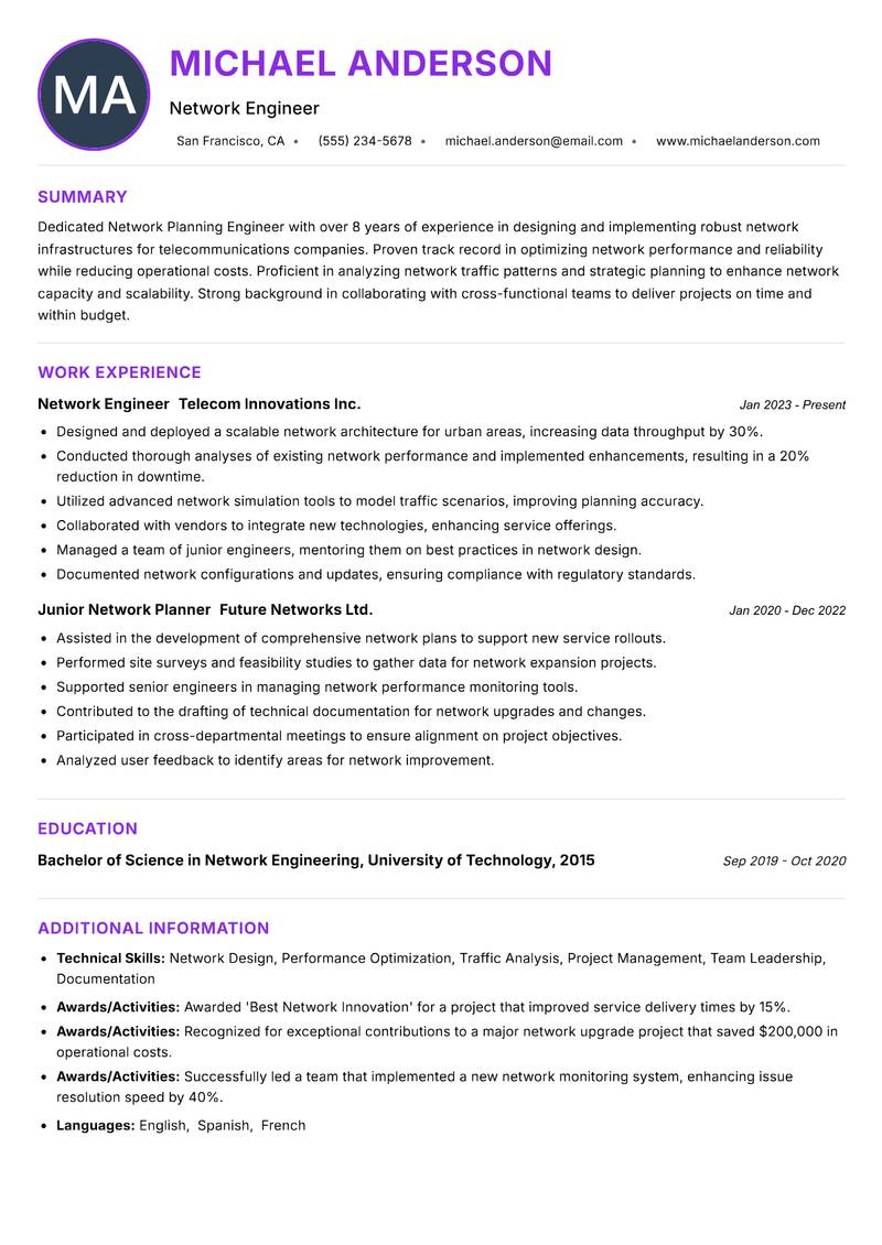Network Planning Engineer resume example