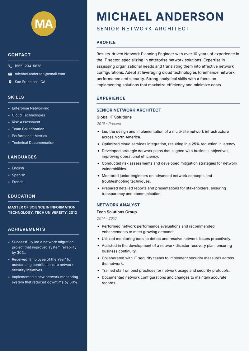 Network Planning Engineer resume sample — Senior Network Architect focus