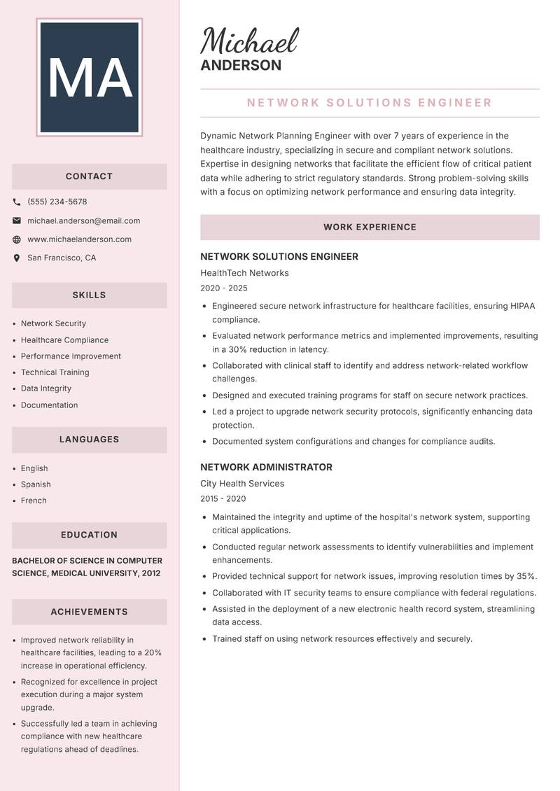 Network Planning Engineer resume sample — Network Solutions Engineer focus