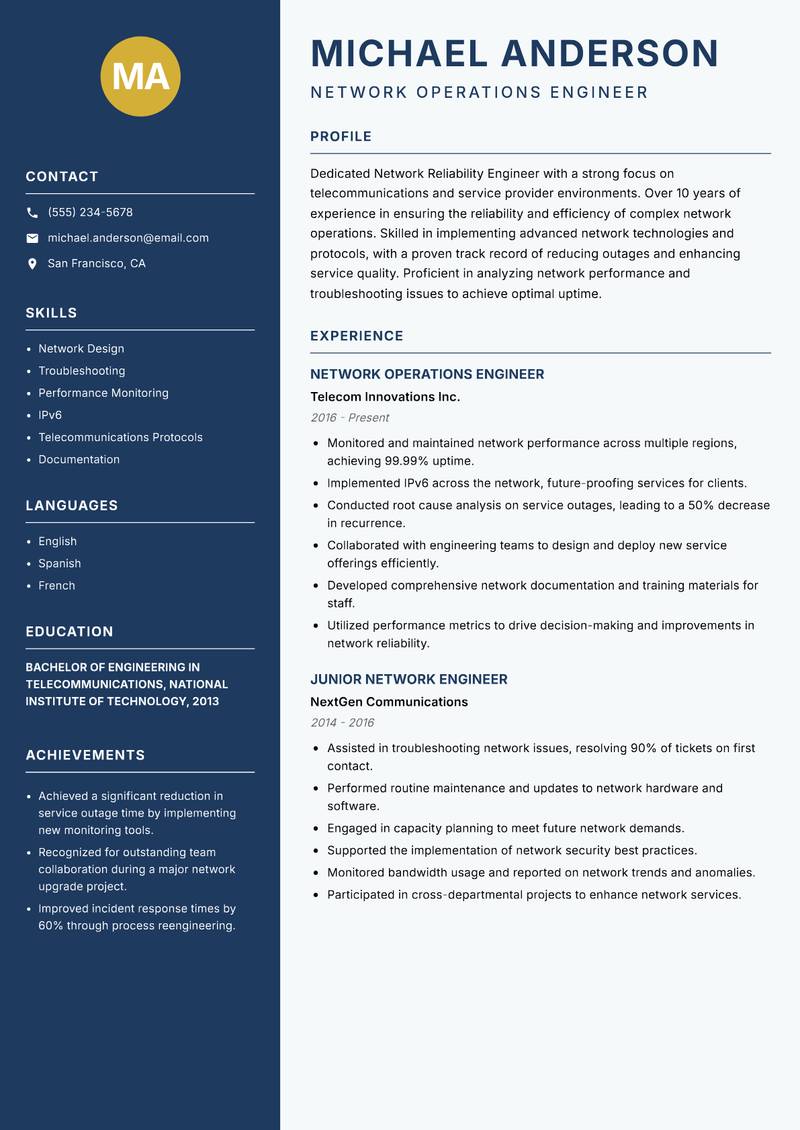 Network Reliability Engineer resume sample — Network Operations Engineer focus