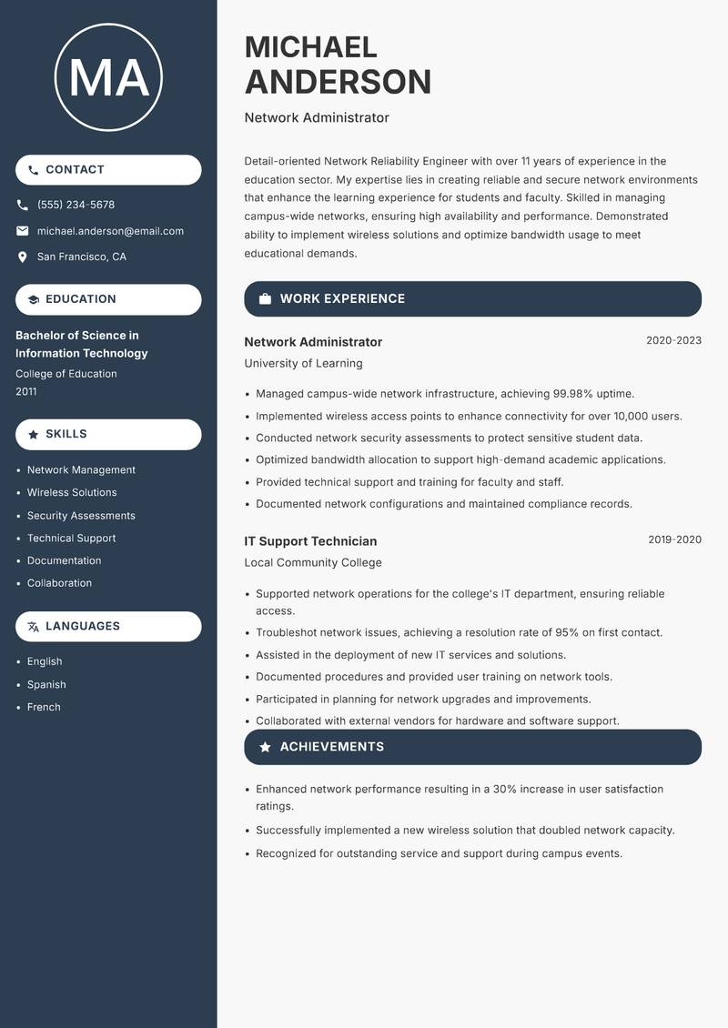 Network Reliability Engineer resume sample — Network Administrator focus