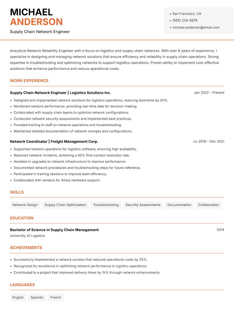 Network Reliability Engineer resume sample — Supply Chain Network Engineer focus