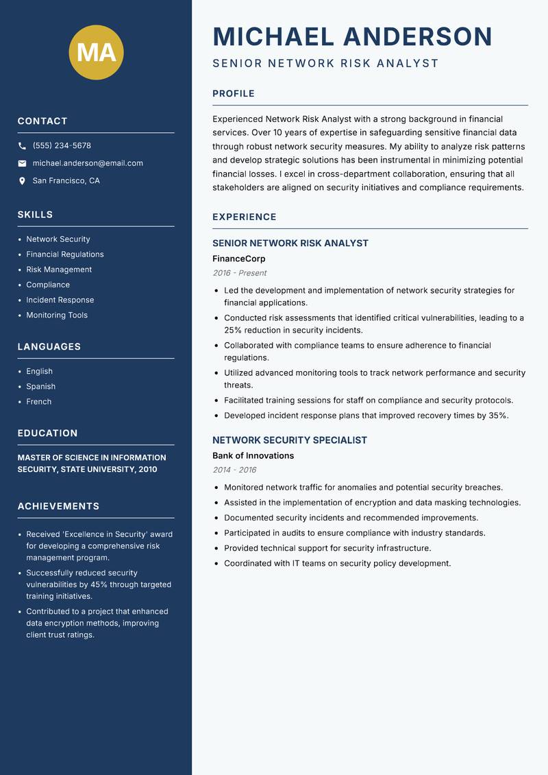 Network Risk Analyst resume sample — Senior Network Risk Analyst focus